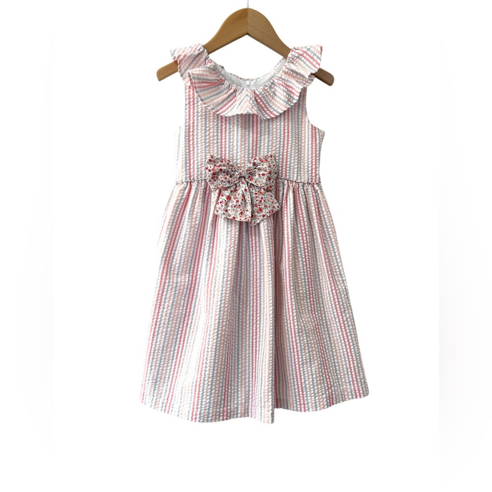 Bonnie Jean girls striped seersucker bow dress 6X white grey peach red lined